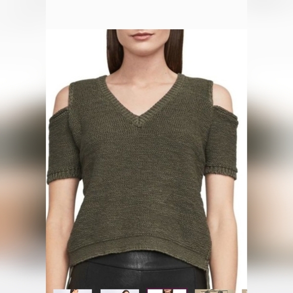 BCBGMaxAzria Olive Fringe Knit Cold Shoulder Blouse - Picture 4 of 5